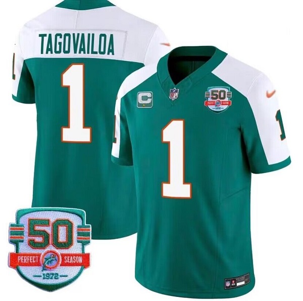 Men's Miami Dolphins #1 Tua Tagovailoa Aqua White 2023 F.U.S.E With 1-star C Patch And 50th Perfect Season Patch Vapor Limited Stitched Football Jersey